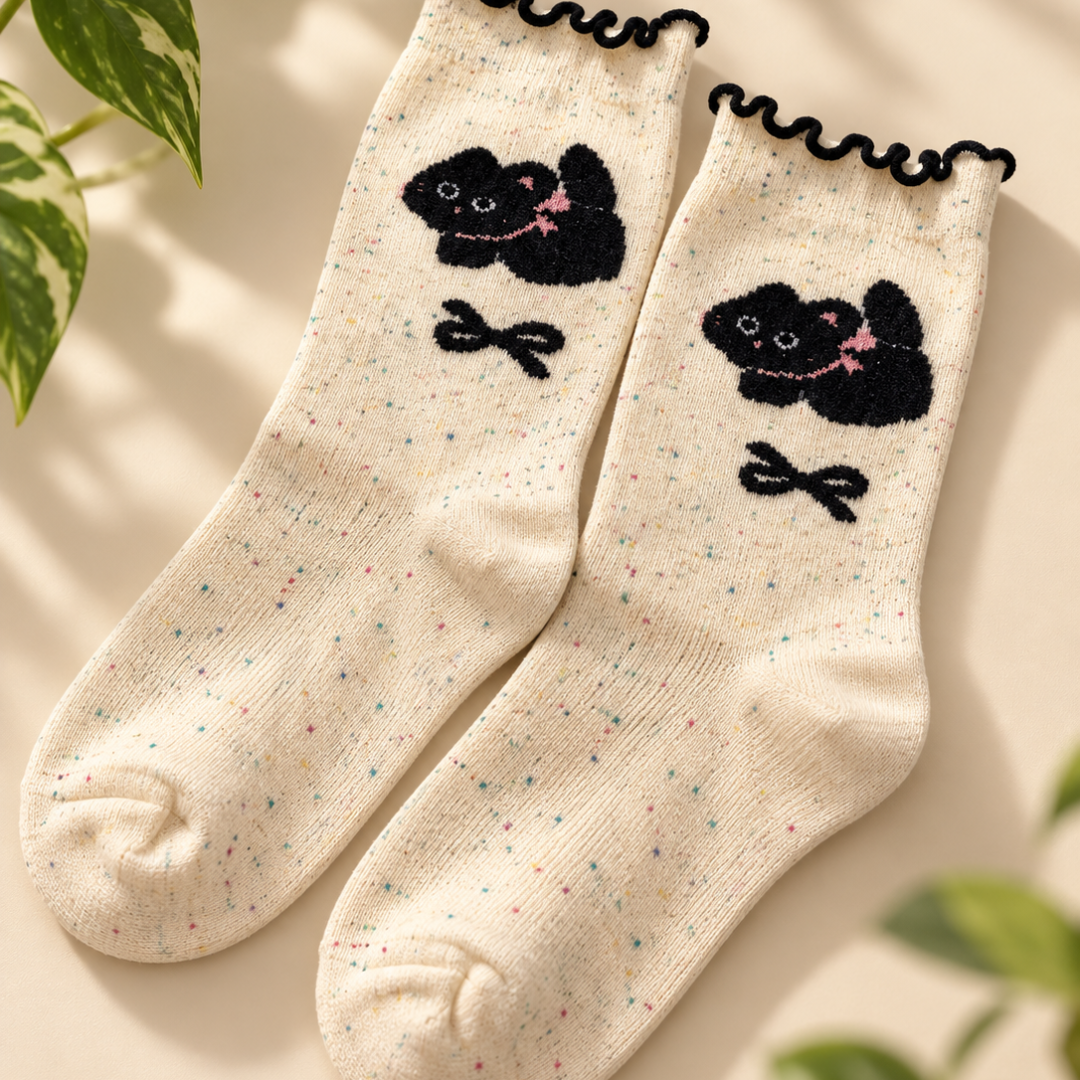 A pair of cream-colored ankle socks with multicolor speckles, featuring a black cartoon cat design with a pink bow and a black bow on the side, finished with a black ruffled trim at the top. The socks are styled on a warm beige surface with soft shadows and green plant leaves in the background.