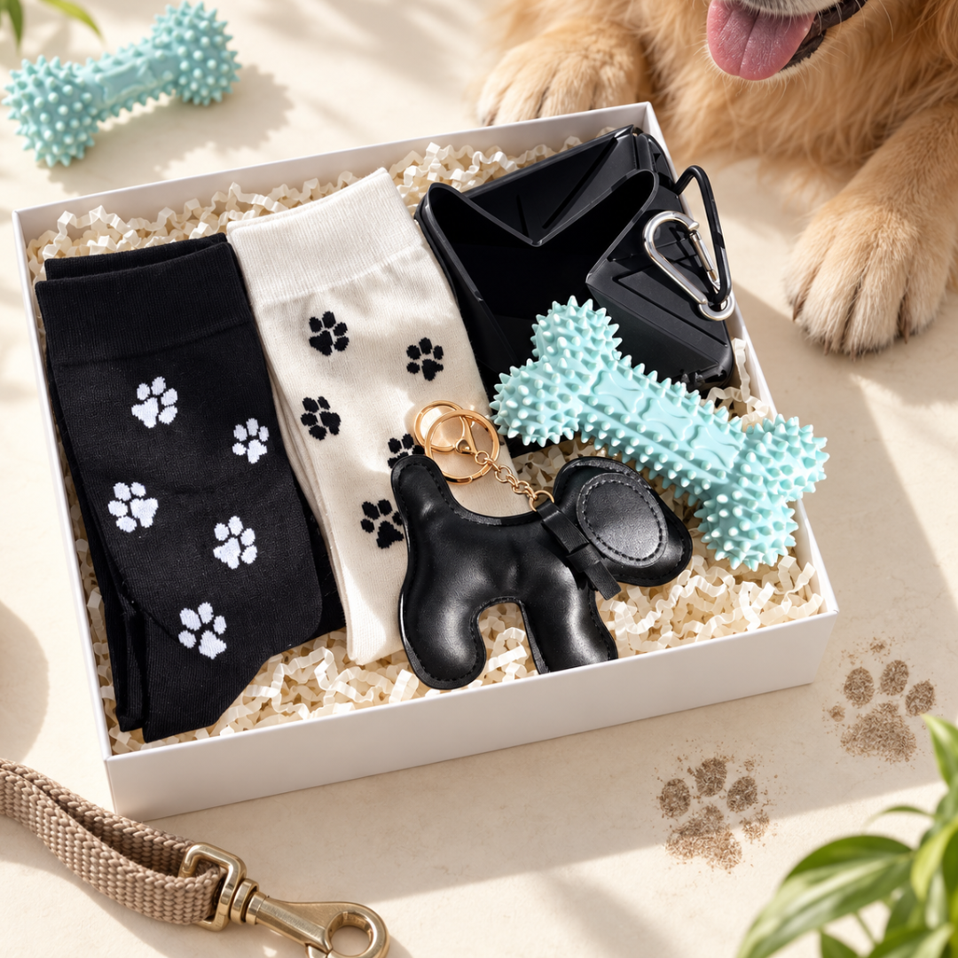 A curated gift box for dog owners containing dog socks in black and white with paw prints, a black horse-shaped keychain, a black harness, a turquoise squeaky toy, and a beige leash, styled with a dog&