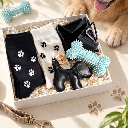 A curated gift box for dog owners containing dog socks in black and white with paw prints, a black horse-shaped keychain, a black harness, a turquoise squeaky toy, and a beige leash, styled with a dog&