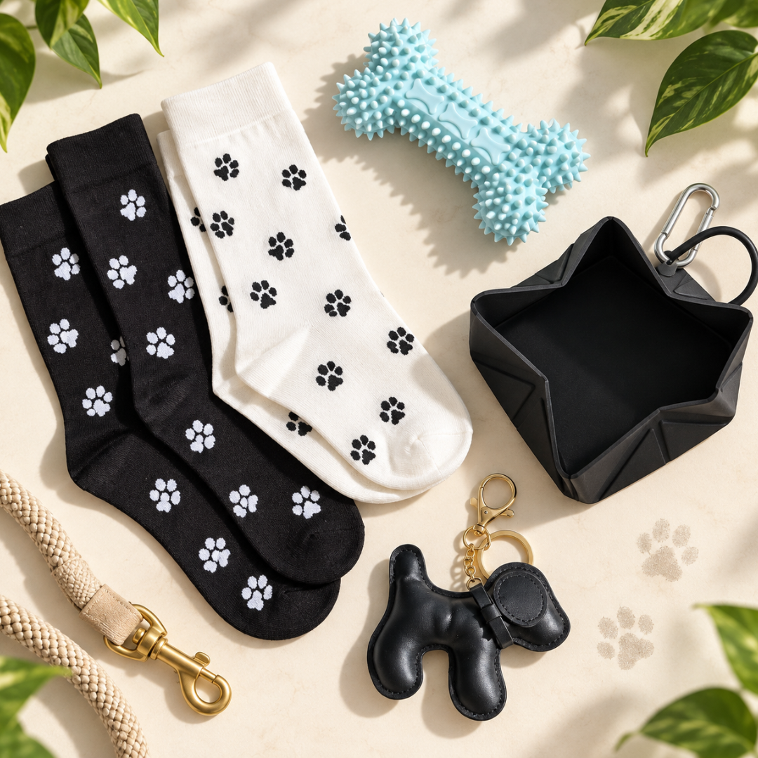 A styled flat-lay of pet accessories on a light beige surface with leaf accents: a pair of black socks with white paw prints, a white pair of socks with black paw prints, a light blue bone-shaped dog toy, a black collapsible pet bowl, a black dog-shaped keychain with gold hardware, and a beige rope leash with a gold clasp.