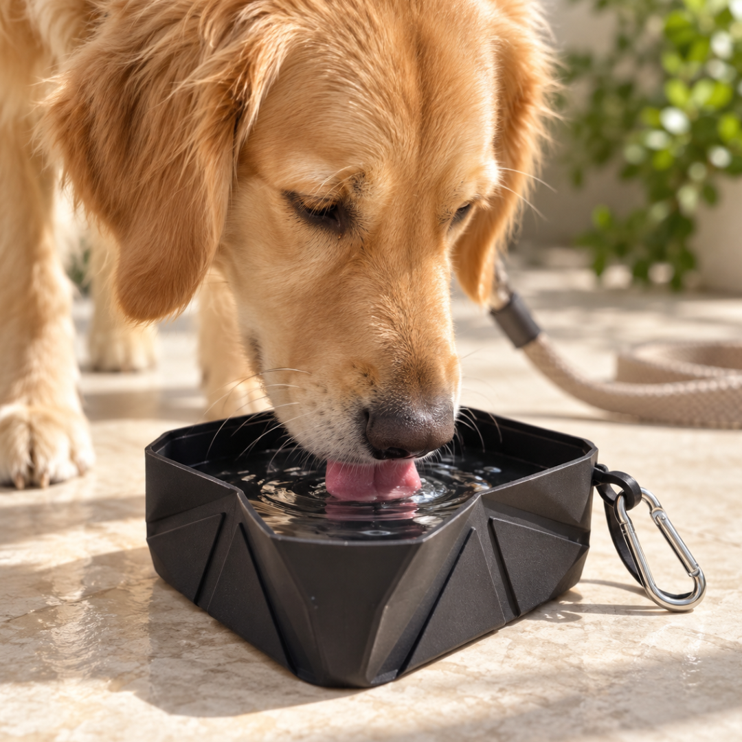 A golden retriever dog drinking from a black geometric collapsible water bowl with a carabiner clip, set on a stone patio outdoors.