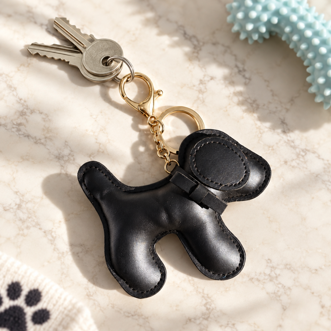 A black leather dog-shaped keychain with gold-tone hardware and attached keys, photographed on a light marble surface with soft shadows and a small blue textured prop in the corner.