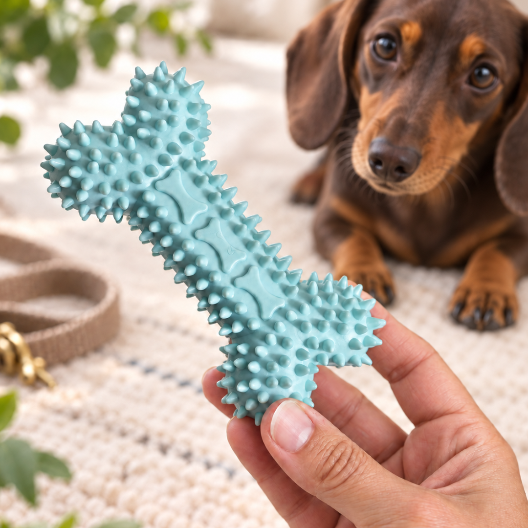 A light blue bone-shaped dog chew toy with raised nubs is held in a person&