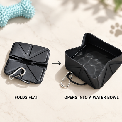 A black foldable pet water bowl case shown in two states on a light marble surface: folded flat with a carabiner clip on the left, and opened into a water bowl on the right. Text labels read &
