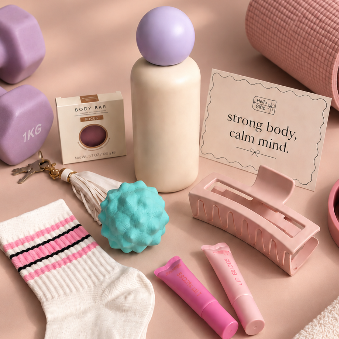 A styled flat-lay of wellness and self-care items on a soft blush background, including a cream bottle with a lavender top, a turquoise textured ball, a pink hair clip, a pink lip balm tube, a pink striped sock, a body bar box, and a card that reads &