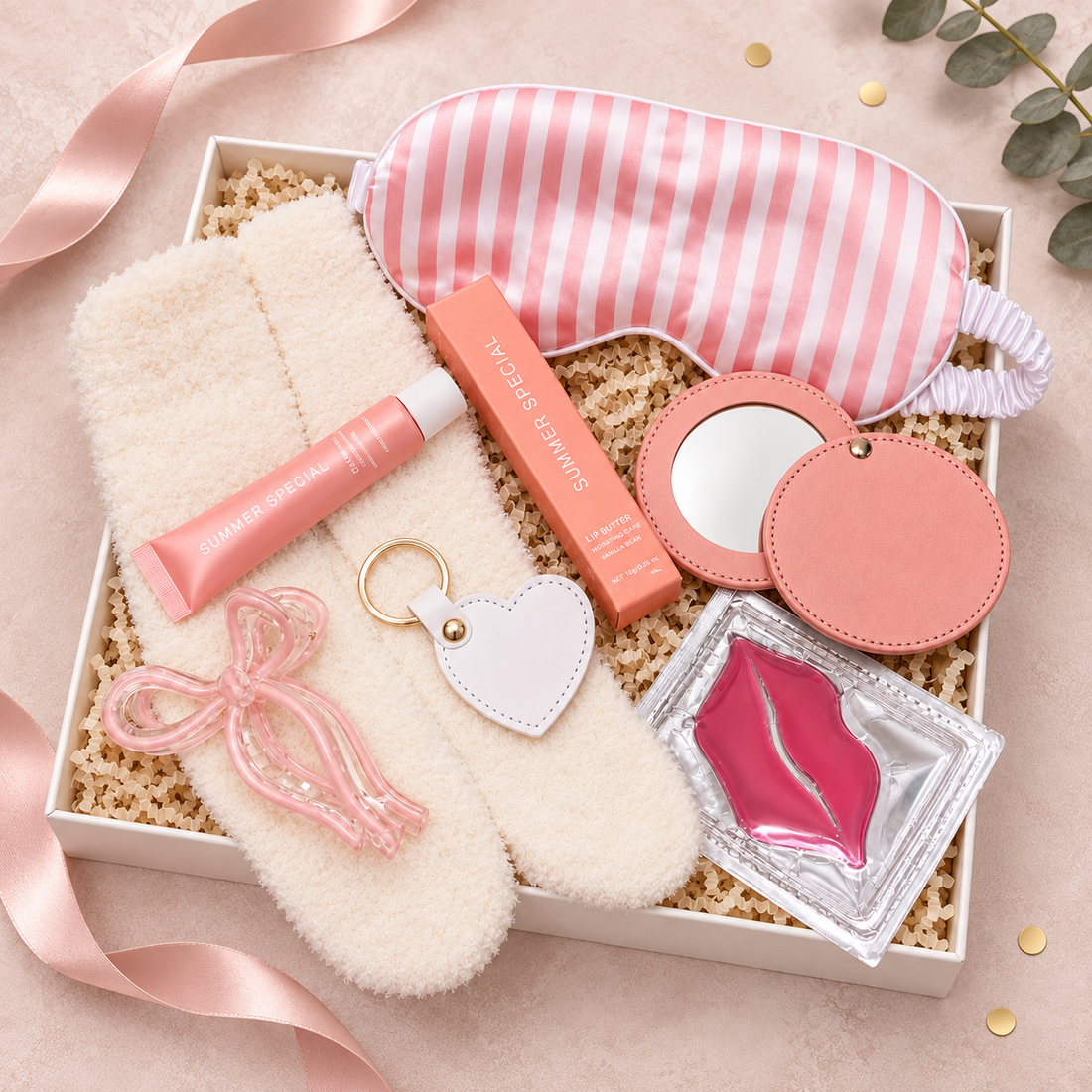 A curated beauty gift box set arranged in a white tray with shredded paper filler. The set includes a pink and white striped satin sleep mask, a fluffy cream lip balm tube, a peach-colored boxed lip product, a round mirror, a pink faux-leather compact case, a pink bow hair clip, a heart-shaped key tag, and a lip gloss packet.