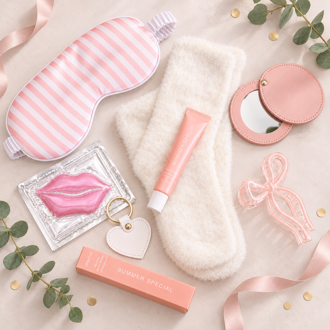 A flat-lay of pink and white striped sleep masks, fuzzy cream socks, a pink lip gloss tube, a pink compact mirror, a pink heart-shaped keychain, and a pink box labeled &