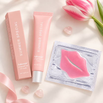 A pink cosmetic tube labeled SUMMER SPECIAL and matching box from lekeuin, styled on a light cream background with a pink tulip, heart-shaped stones, and a lip-shaped patch in a clear packet.