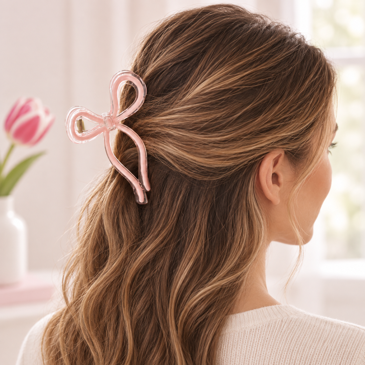 A woman shown from the back wearing a translucent light pink bow-shaped hair claw clip in her hair, with a softly blurred indoor background and a pink tulip in a vase.