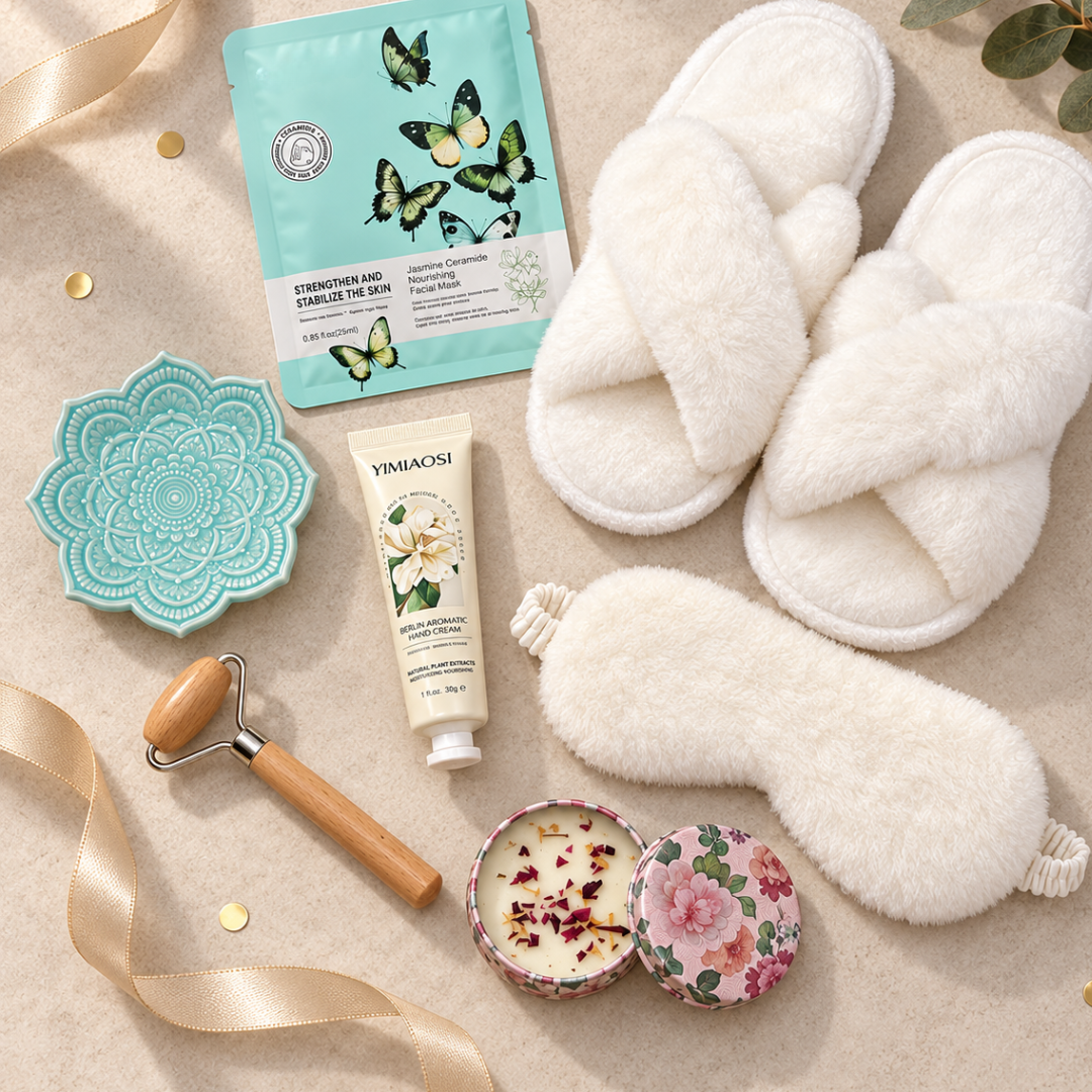 A styled flat-lay spa gift set on a beige textured background, featuring fluffy white slippers, a white sleep mask, a light blue butterfly-themed hair mask packet, a cream hand cream tube, a turquoise mandala dish, a wooden roller, and a floral candle tin.