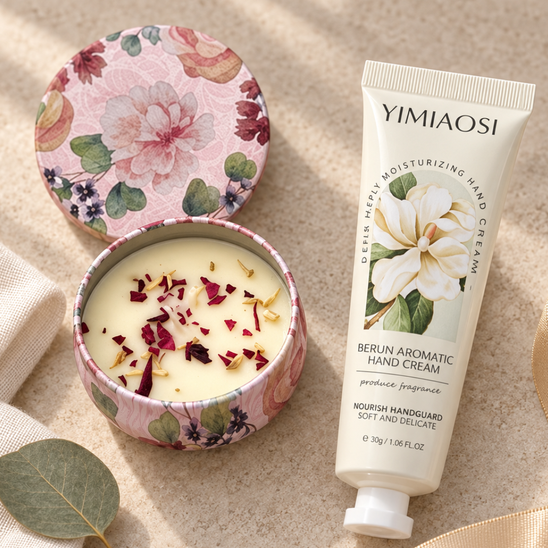 YIMIAOSI Berun Aromatic Hand Cream tube shown beside an open floral tin candle with cream-colored wax and dried flower petals, on a beige fabric background.