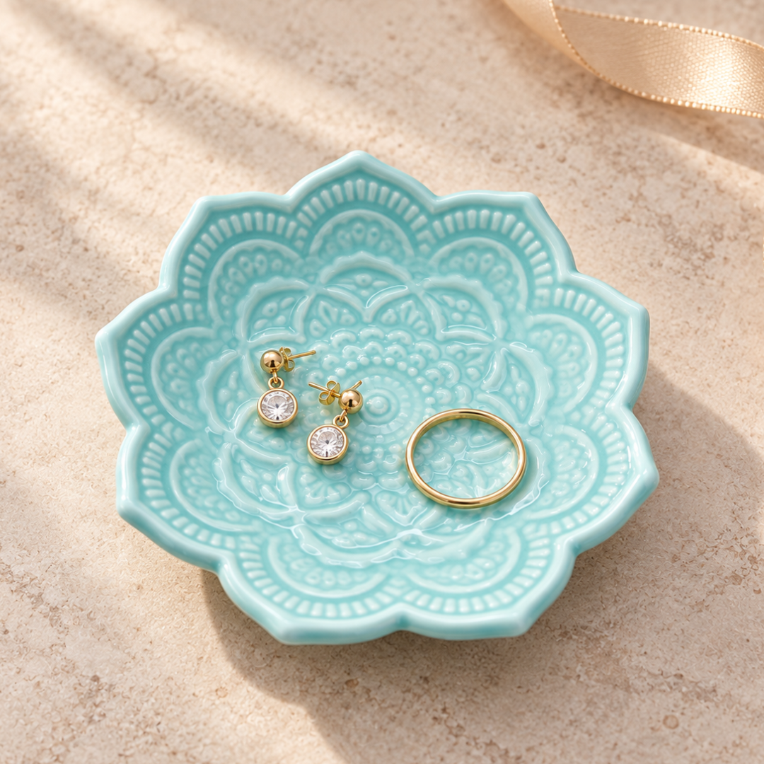 A light aqua ceramic jewelry organizer tray with a scalloped edge and embossed floral pattern, holding a pair of gold hoop earrings and a gold ring, set on a textured beige surface with soft shadows.
