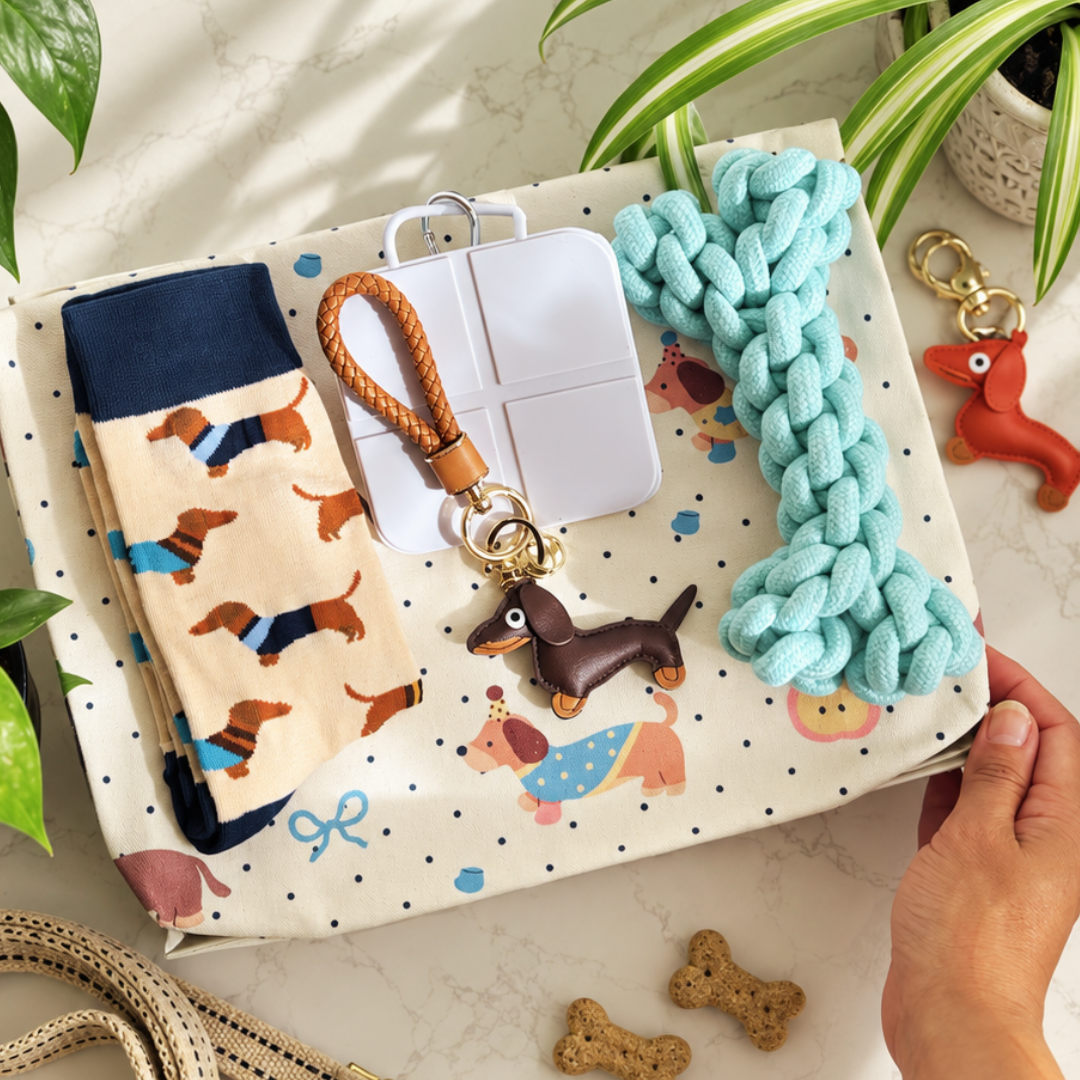A styled flat-lay of dog accessories on a cream fabric tray with a dachshund print, held by a hand. The set includes a chunky mint blue rope toy, a patterned sock-like pet accessory, a small brown dachshund charm keychain, a white plastic box, and a small red dog keychain, with plant leaves and dog bones as props.