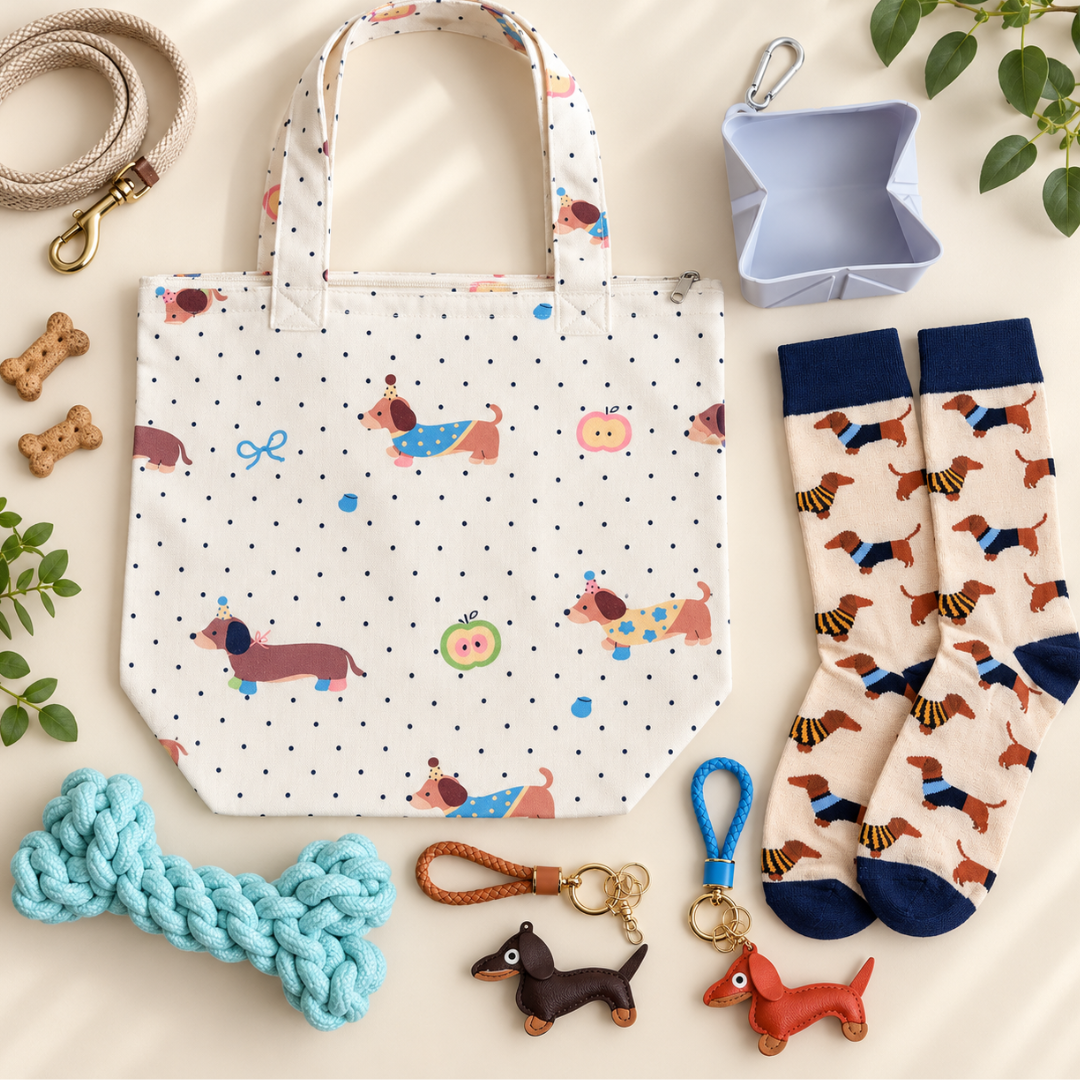 A styled flat-lay of a dog-themed tote bag surrounded by matching accessories on a light beige background. The tote bag is white with small black polka dots and a colorful dachshund print.