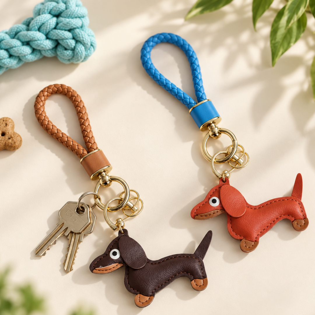 Two dachshund-shaped keychains with braided loops, displayed on a light beige surface with decorative props. One keychain has a brown leather loop and a dark brown dachshund charm with gold-tone keys.
