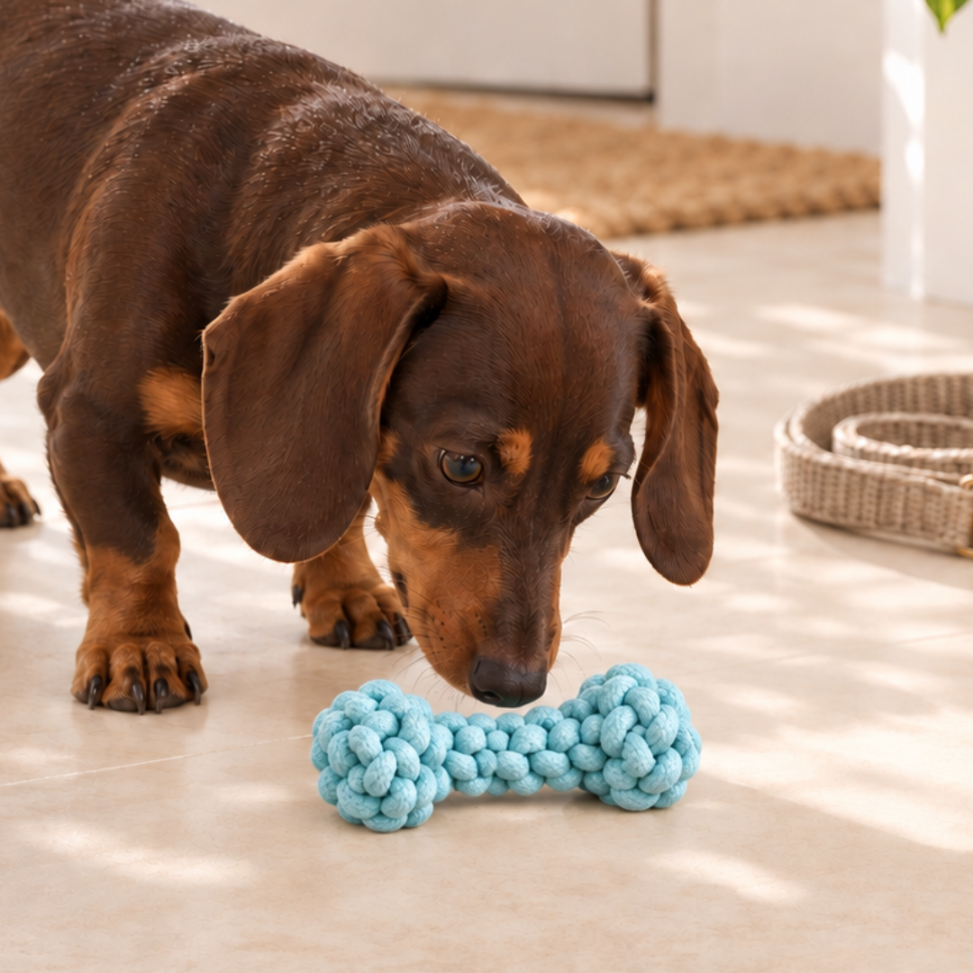 A brown dachshund dog is sniffing a light blue knotted rope bone toy on a beige tiled floor in a bright indoor setting.