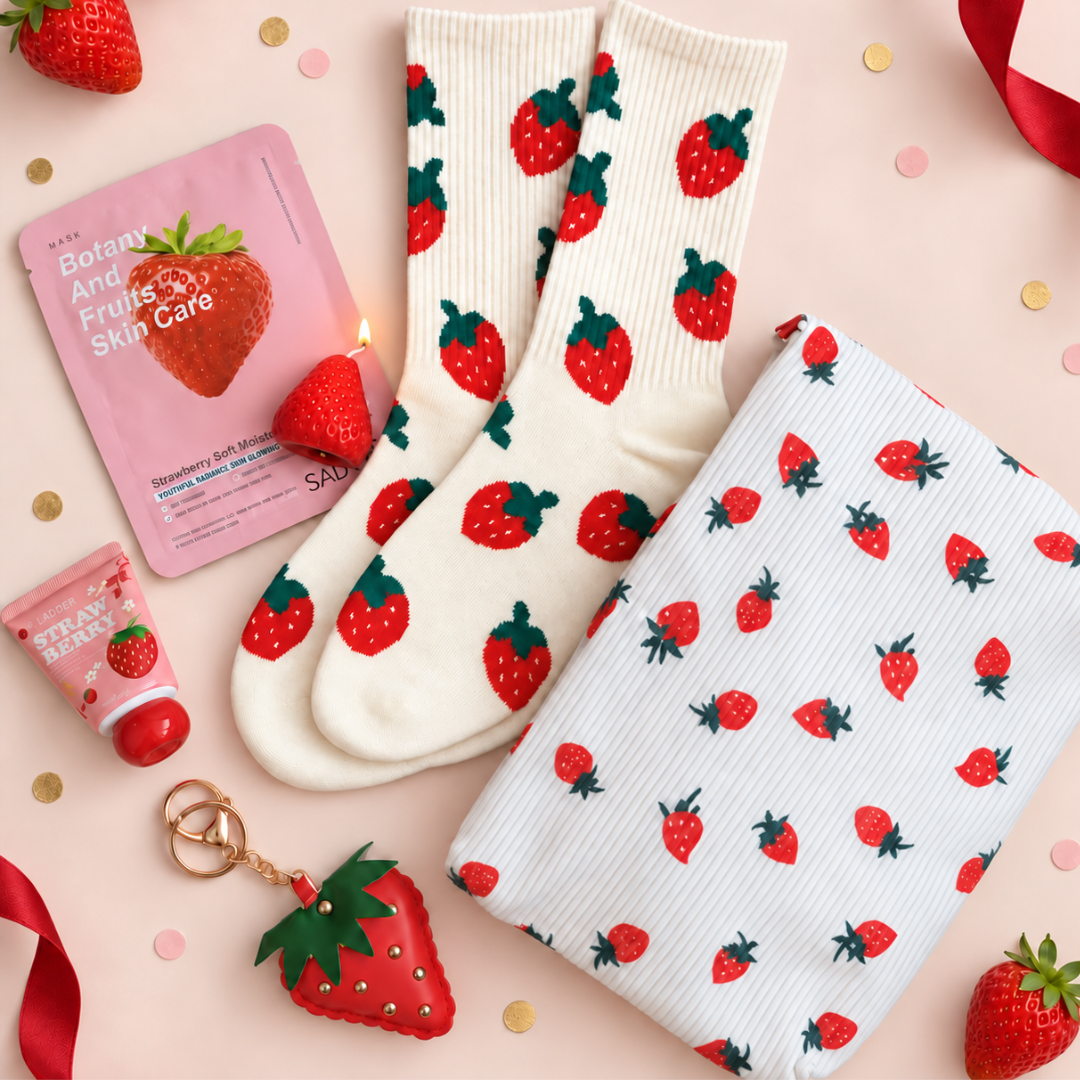 A strawberry-themed gift set arranged on a light pink background with confetti and ribbon. The set includes cream socks with red strawberry prints, a folded white sweatshirt or sweatshirt top with a strawberry pattern, a pink facial mask packet, a pink tube of strawberry hand cream, a strawberry-shaped keychain, and whole strawberries.