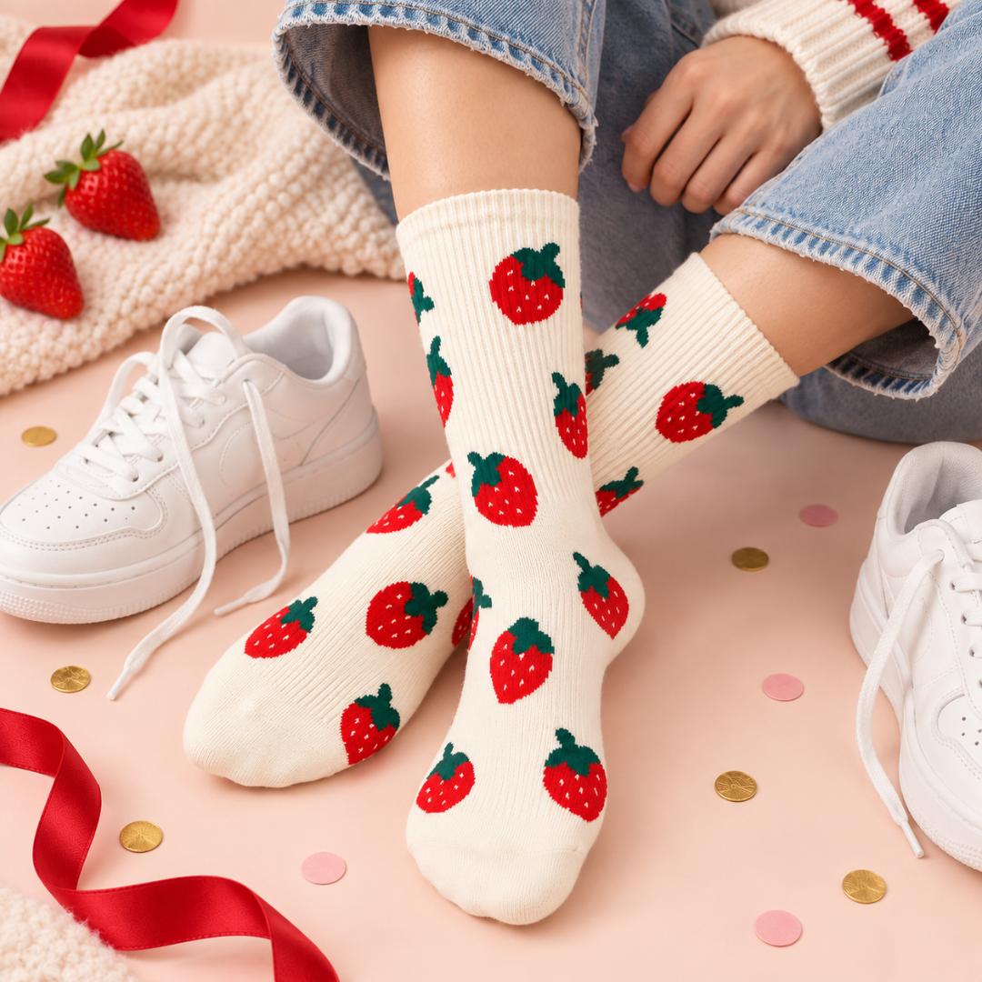 A person wearing cream ribbed socks with a red strawberry print, styled with light blue jeans and white sneakers on a pink surface with confetti, ribbons, and strawberries.