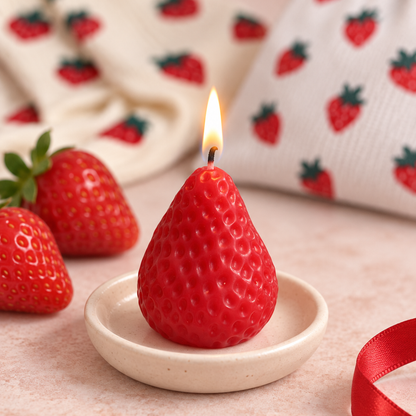 A strawberry-shaped red candle with a small flame, displayed in a light beige ceramic dish. The background features a cream-colored fabric with a red strawberry pattern, alongside two whole fresh strawberries and a red ribbon.