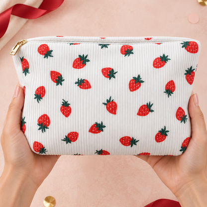 A white ribbed fabric pouch with a red strawberry print, held by two hands against a soft pink background with a red ribbon.