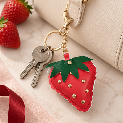 A strawberry-shaped keychain charm in red faux leather with green leafy top and gold-tone studs, attached to a key ring with two keys. The charm is styled on a cream textured surface with part of a cream handbag, two fresh strawberries, and a red ribbon visible.