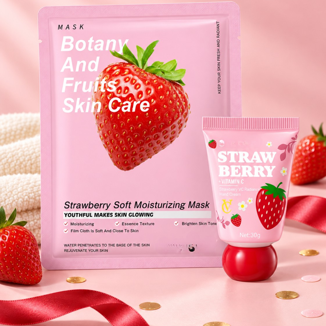 Pink Strawberry Soft Moisturizing Mask packaging shown with a matching tube and a red strawberry on a pink background with decorative confetti and ribbon.
