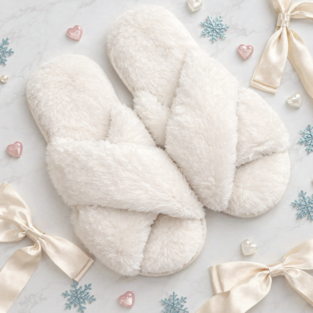A pair of fluffy cream-colored cross-strap slippers arranged on a light marble surface with decorative satin bows, snowflakes, and small heart-shaped embellishments.
