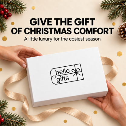 A white square gift box with a black &