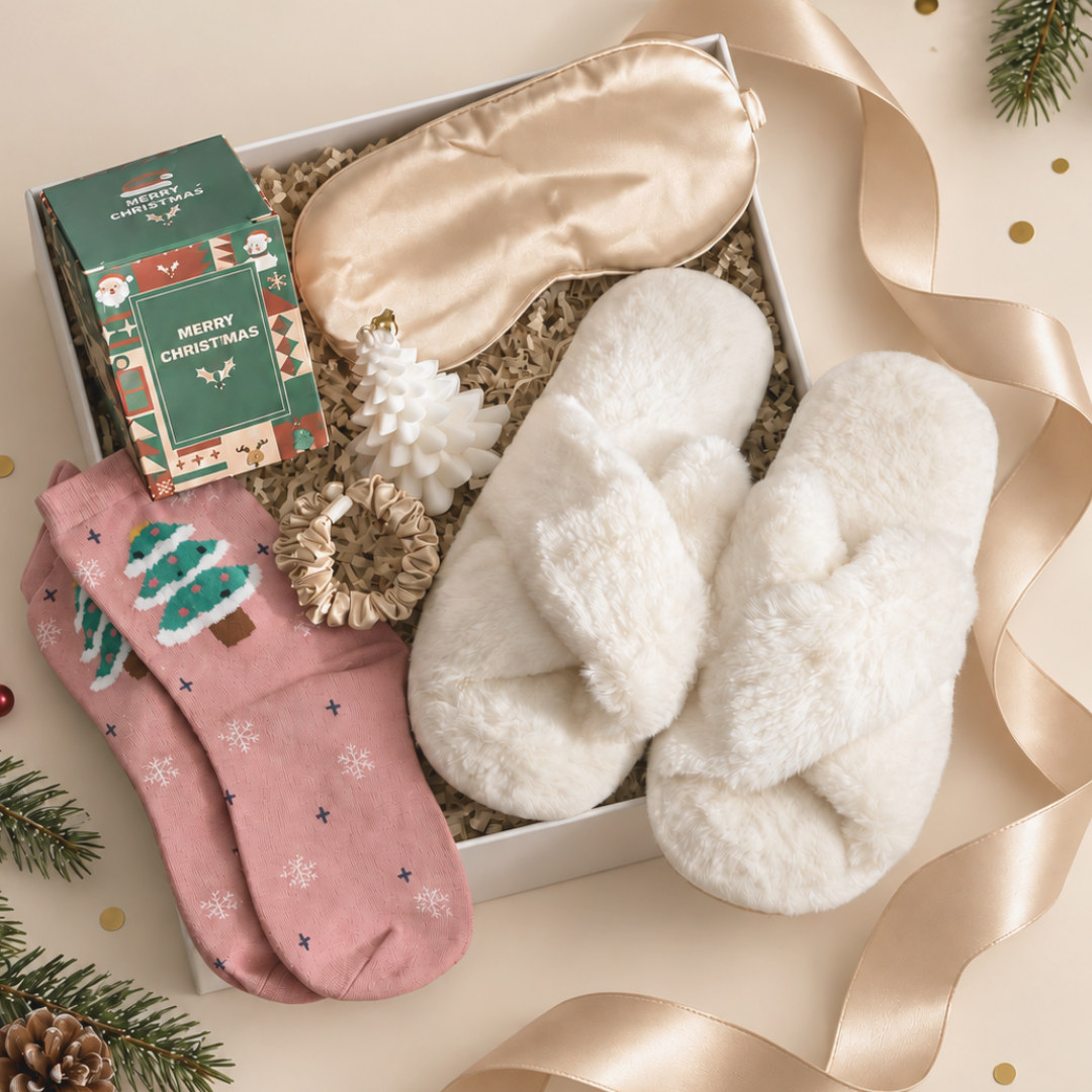 A Christmas-themed gift box containing a pair of fluffy cream slippers, pink socks with a tree and snowflake pattern, a gold satin sleep mask, a small white decorative ornament, and a green Christmas-themed gift box, arranged on a beige surface with ribbon and pine branches.