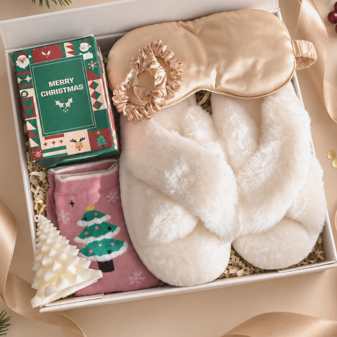 A curated Christmas gift set in a white box, featuring a champagne satin sleep mask with a jeweled eye patch, a pair of fluffy cream faux-fur slippers, pink socks with a Christmas tree pattern, and a green &