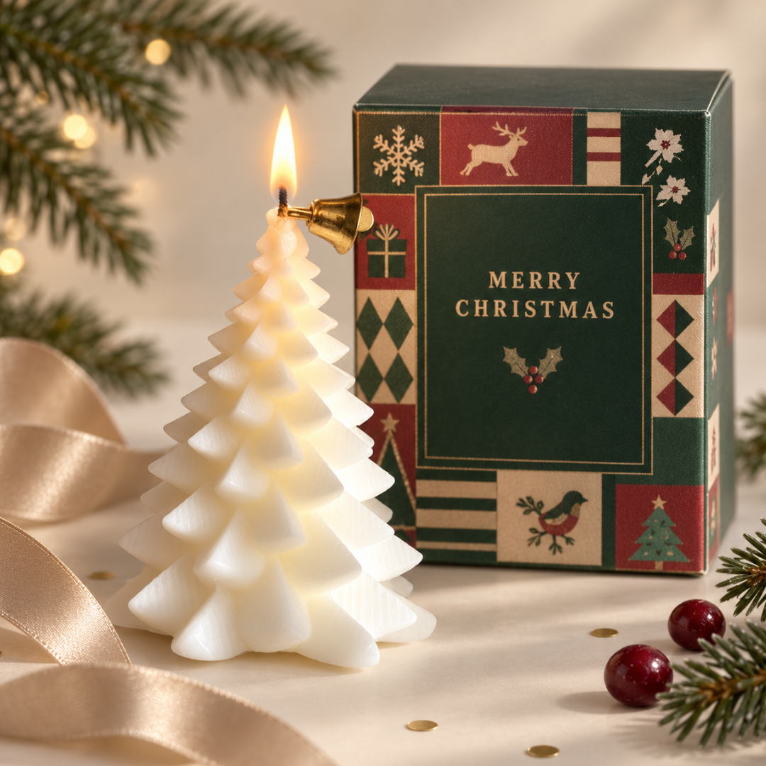A white Christmas tree-shaped candle with a small gold bell-shaped wick is lit beside its decorative gift box that reads &
