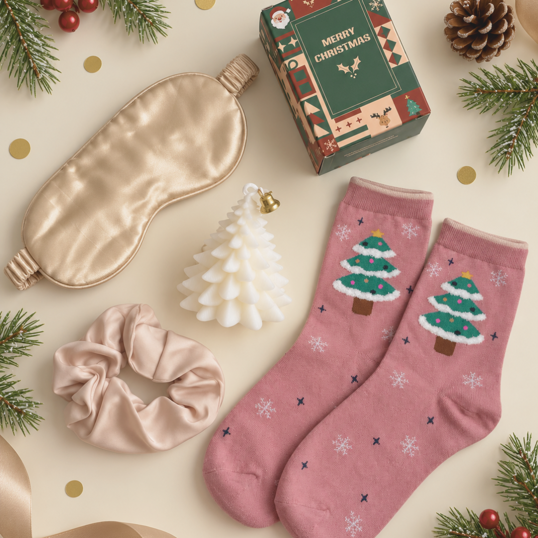 A flat-lay of a Christmas-themed sock gift set featuring a pair of dusty pink crew socks with embroidered Christmas trees and snowflakes, a champagne satin sleep mask, a champagne satin scrunchie, a small white Christmas tree ornament, and a green &