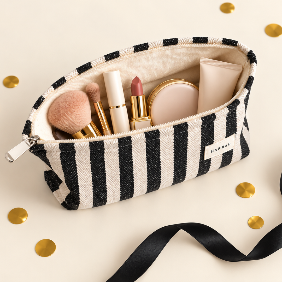A striped cosmetic pouch with black and cream horizontal stripes, shown open with makeup items inside on a light beige background with scattered gold confetti and a black ribbon.
