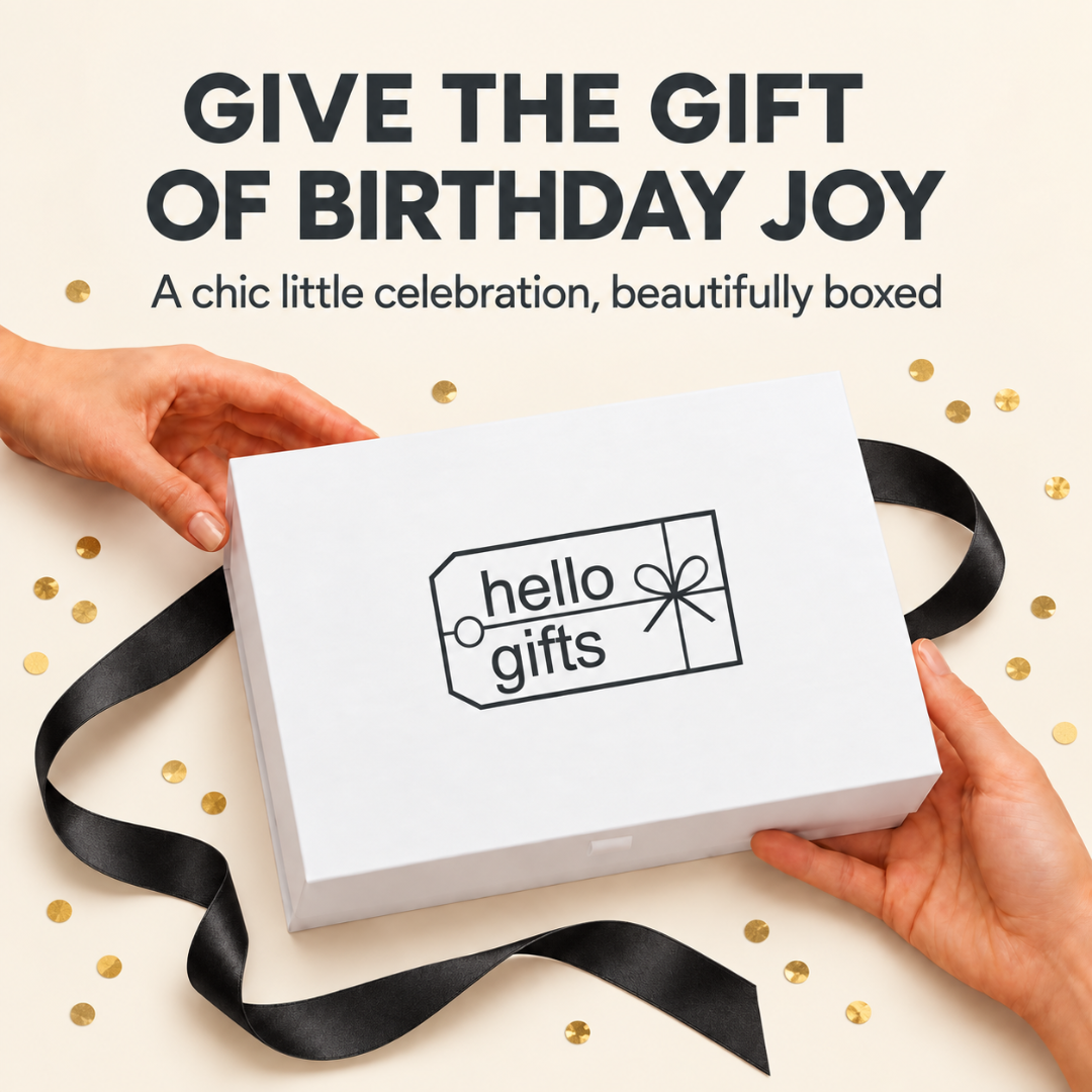 A white gift box with a black ribbon and a simple gift tag graphic reading &