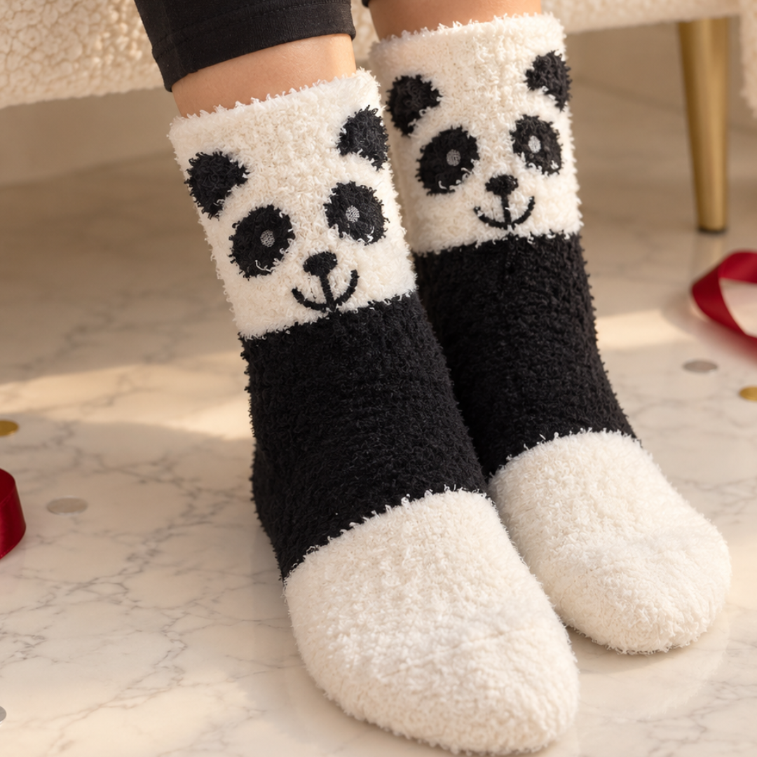 A pair of plush fuzzy socks with a panda face design, worn on a person&