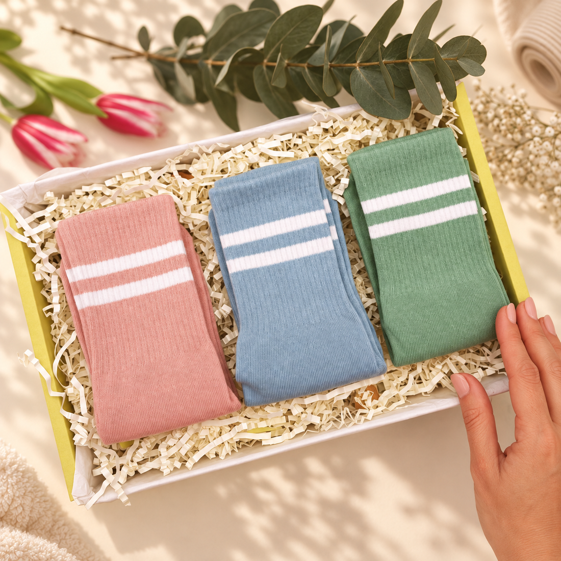 Three pairs of striped socks in pink, blue, and green are arranged in a gift box filled with shredded paper, with a hand holding the box edge. Decorative flowers, leaves, and a soft fabric surface surround the box.