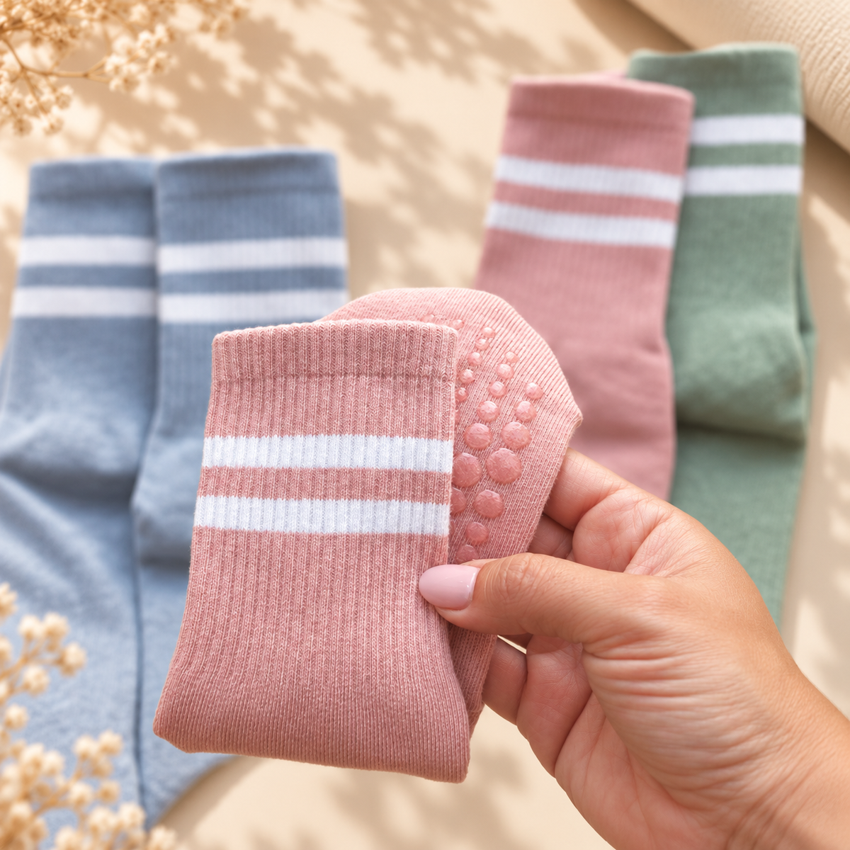 A hand holds a pair of pink grip socks with white stripes, with other color variants (blue, pink, green) stacked in the background on a warm beige surface.