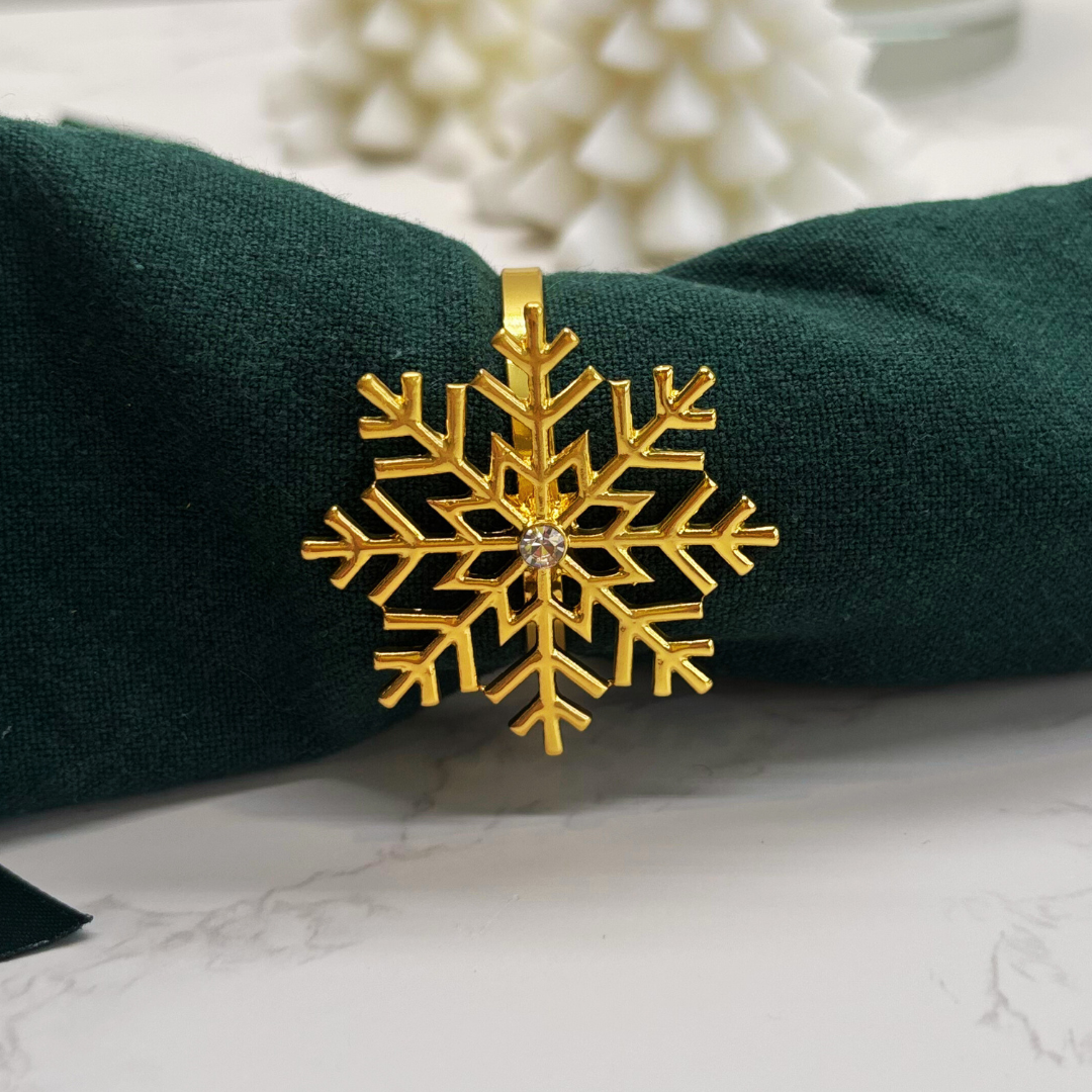 Christmas napkin rings. Gold snowflake-shaped napkin ring on a green napkin with a white decorative background