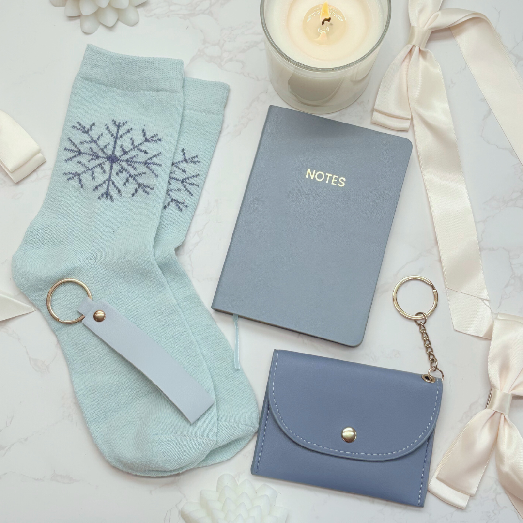 Luxury Blue Letterbox Gift for Her – Notebook, Socks, Purse &amp; Key strap