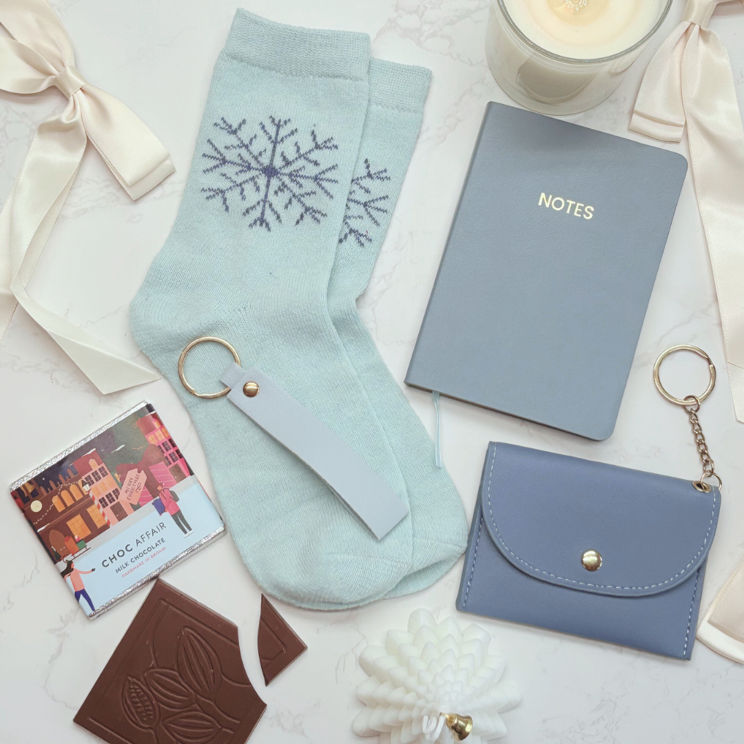 Luxury Blue Letterbox Gift for Her – Notebook, Socks, Purse &amp; Key strap