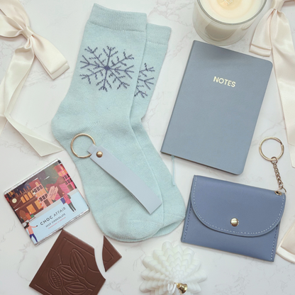 Luxury Blue Letterbox Gift for Her – Notebook, Socks, Purse &amp; Key strap