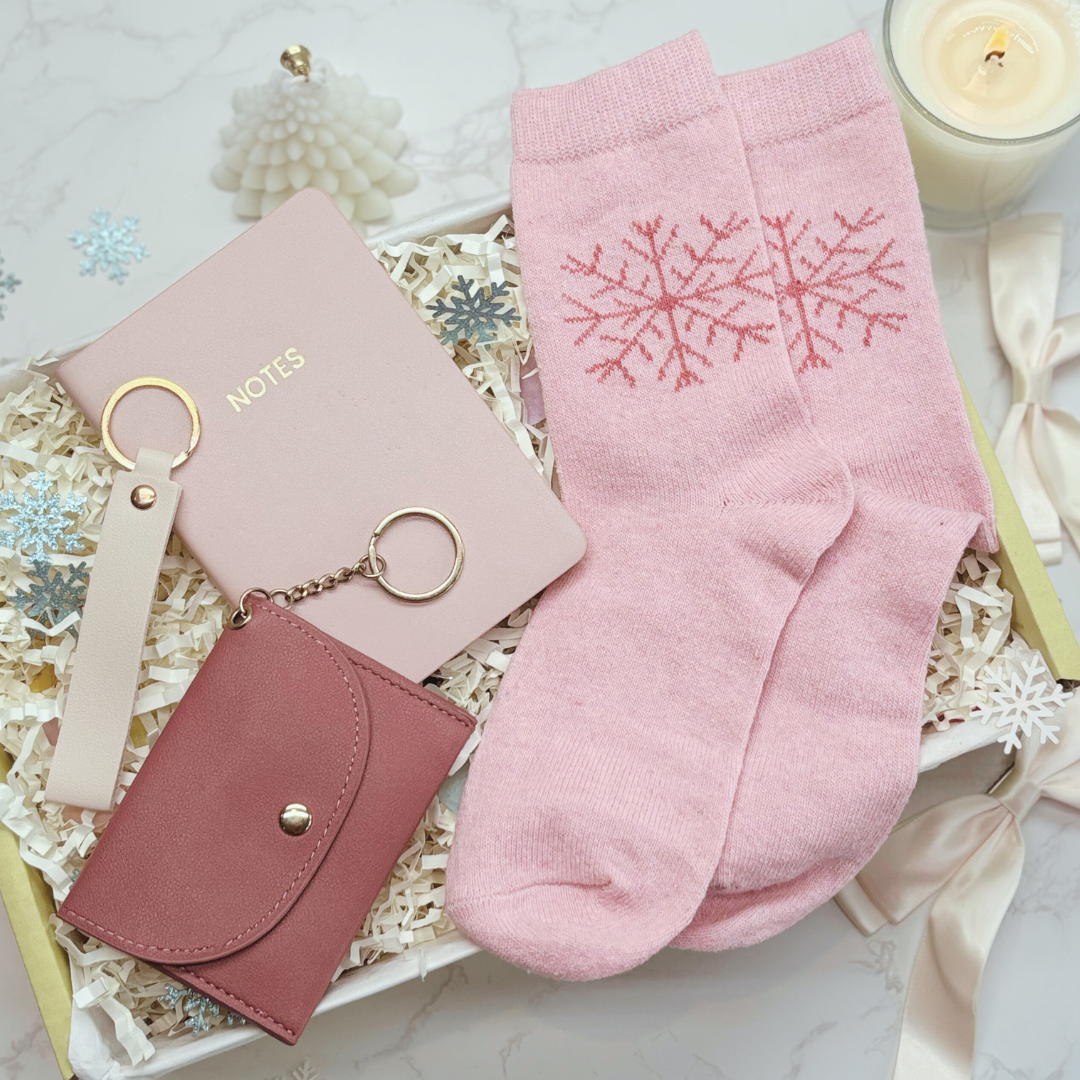 Luxury Pink Letterbox Gift for Her – Notebook, Socks, Purse &amp; Key strap