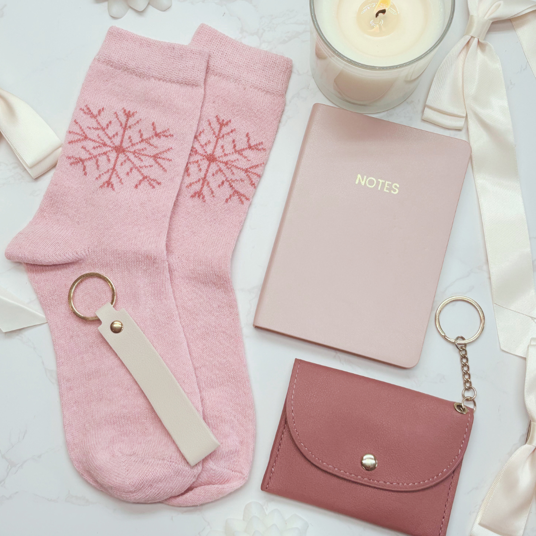 Luxury Pink Letterbox Gift for Her – Notebook, Socks, Purse &amp; Key strap