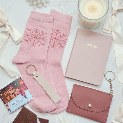 Luxury Pink Letterbox Gift for Her – Notebook, Socks, Purse &amp; Key strap