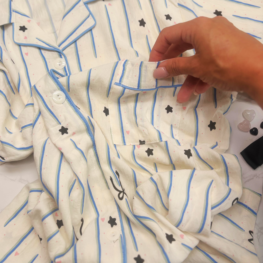 Striped Pyjamas with Star, Heart &amp; Bow Detail – Christmas PJ Gift Box with Blue Eye Mask for Her, Teen, Sister, Daughter