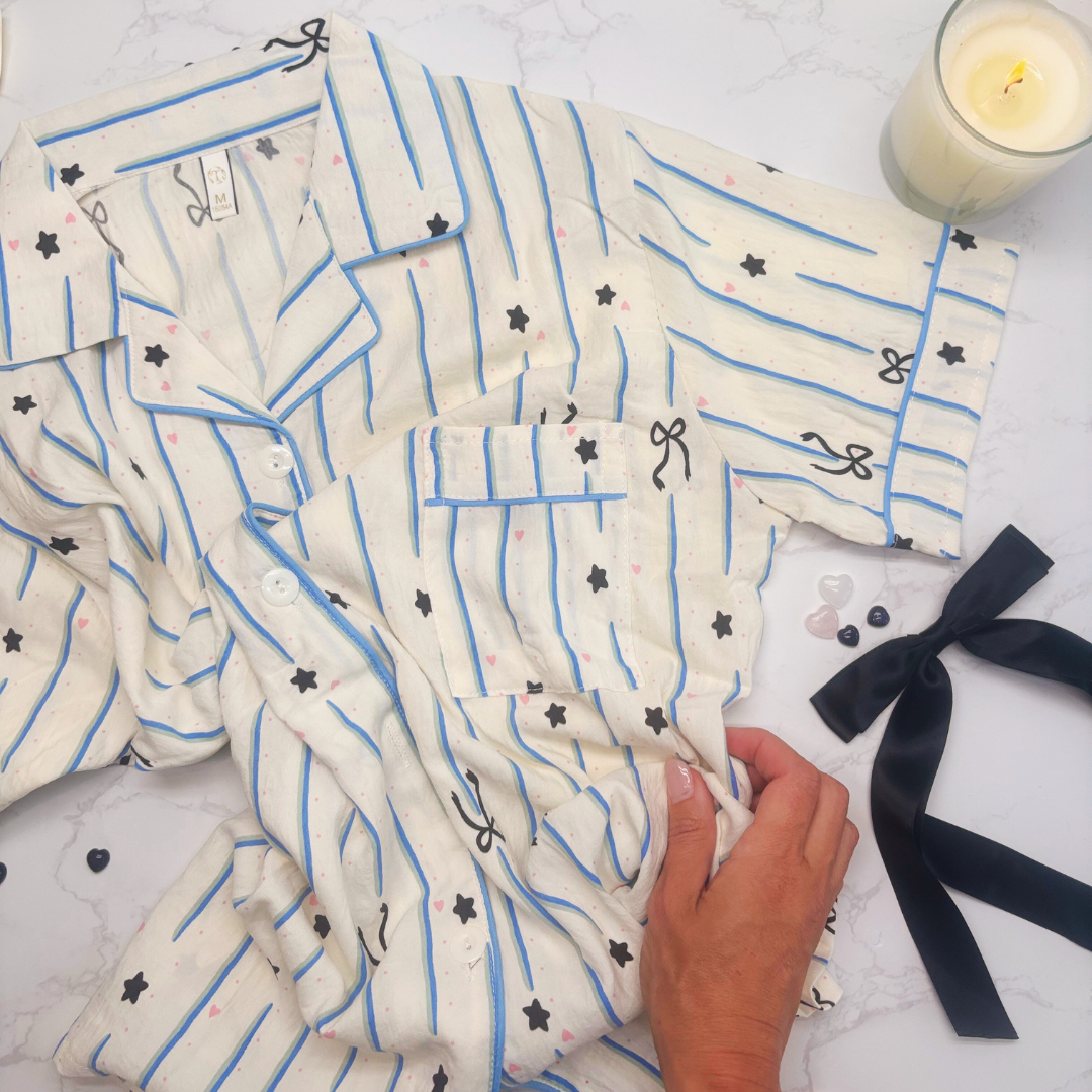Striped Pyjamas with Star, Heart &amp; Bow Detail – Christmas PJ Gift Box with Blue Eye Mask for Her, Teen, Sister, Daughter