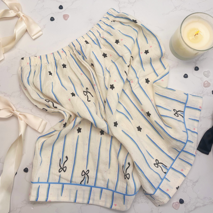 Striped Pyjamas with Star, Heart &amp; Bow Detail – Christmas PJ Gift Box with Blue Eye Mask for Her, Teen, Sister, Daughter