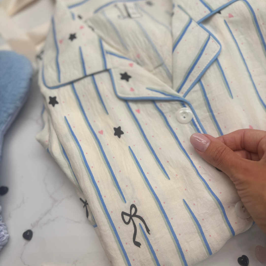 Striped Pyjamas with Star, Heart &amp; Bow Detail – Christmas PJ Gift Box with Blue Eye Mask for Her, Teen, Sister, Daughter