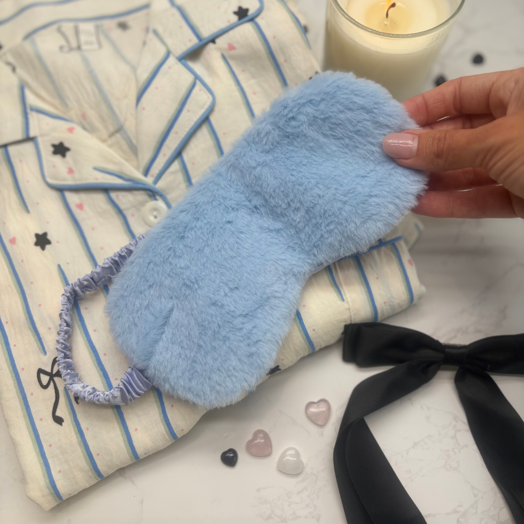 Striped Pyjamas with Star, Heart &amp; Bow Detail – Christmas PJ Gift Box with Blue Eye Mask for Her, Teen, Sister, Daughter