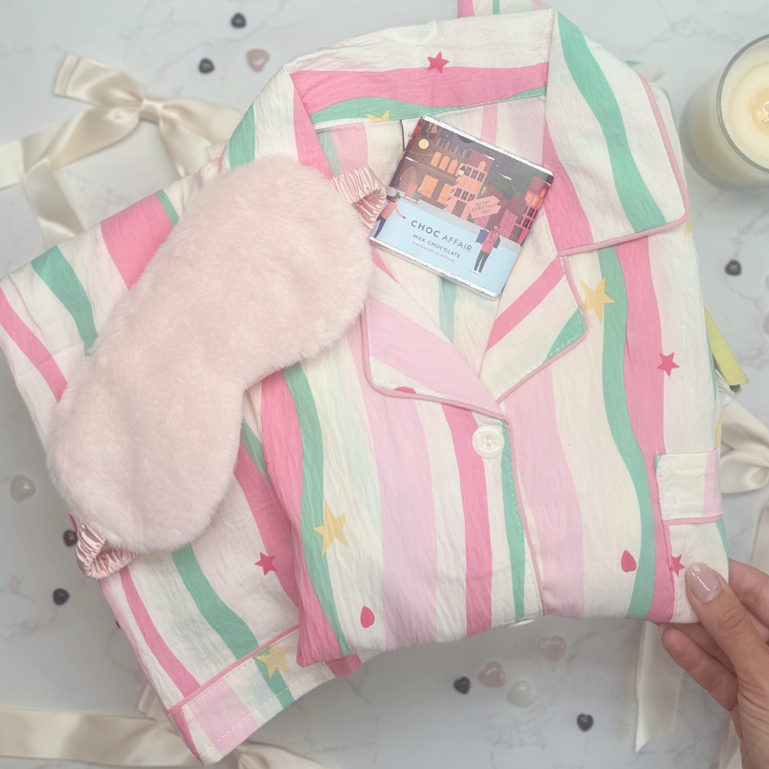 Striped Pyjamas with Star &amp; Heart Detail – Christmas PJ Gift Box with Eye Mask for Her, Teen, Sister, Daughter